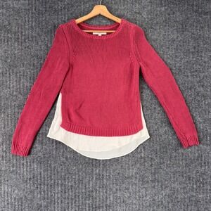 LOFT Womens S Pink Knit Sweater Chiffon Hem Long Sleeve Preppy‎ Feminine Chic